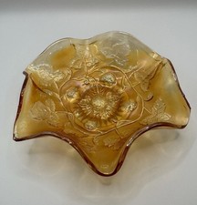 Vintage Millersburg Carnival Glass Bowl 6” Orange Strawberry Ruffled Edge picture