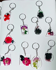 Clear Resin Real Flower Keychain Lot, Hand Made Asst. Sizes With Metal Key Ring picture