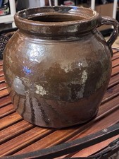 Antique Brown Glazed Stoneware Bean Pot One Handled Crock Jar 8” picture