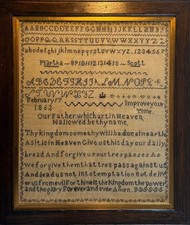 Antique Sampler. Victorian Sampler,Martha Scott 1862. Alphabet Sampler,Oak frame picture