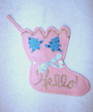 Vintage Handcrafted/Handmade Felt Christmas Stockings - Baby Pink + Blue Ribbon picture