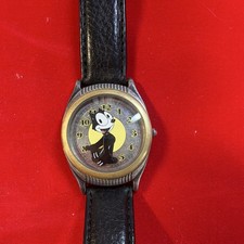 Fossil Felix the Cat Quartz Watch Stainless Steel Black Leather Strap 30m 1994 picture