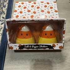 Transpac Little Village Halloween Candy Corn Salt Pepper Shaker Set Tier Tray  picture