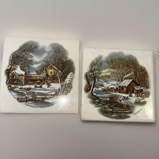 Set 2 Currier & Ives Trivets Tiles A Home In The Wilderness & The Farmer’s Home picture