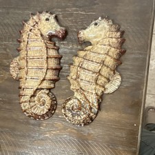 Vintage MCM Ceramic Seahorse Wall Plaques Pair Brown Drip Glaze Nautical picture