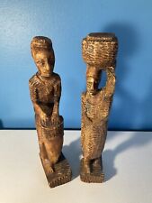 Antique Haitian mahogany hand carved man and woman statues 14” Pair 1971 picture