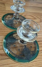 2 Antique 5” Glass ART DECO green Candlesticks gold overlay w/black chandeliers picture