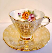 Clarence Bone China Cup Saucer Gold Chintz Floral Numbered Footed Mint Condition picture