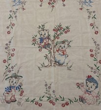 Vintage Handmade Teddy Bear Cherry Tablecloth 46” x 34” Cottage Nursery Decor picture
