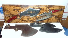 Two Wicked Pakistan Tactical Knives Mounted on a Fractal Burned Board NOS picture