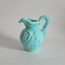 Vintage Avon Blue Slag Glass Floral Pitcher Vase 4.5