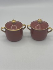 2 Vtg H&H Hukin & Heath Porcelain Lidded two Handles Red Gold Accents picture