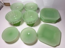 Vtg Green Jadeite Beaded Edge Glass Plates Bowls Cupcake Stand 11 Pc picture