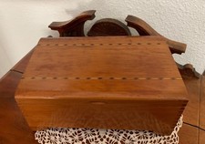 Vintage Wood Keepsake Box with Hinged Lid Geometric Marquetry Pattern Footed picture
