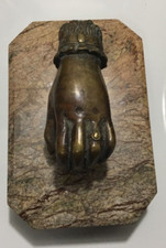 Old Antique Victorian Brass Figural Hand Paperweight Heavy Granite Stone Base picture