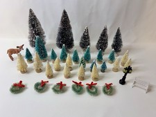 Vintage Miniature Bottle Brush Trees Wreathes Deer Bench Lamp Post Lot Of 35 picture