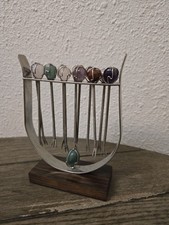 Vintage MCM Gemstone Cocktail Forks Skewers In Dark Wood & Chrome Rack Retro picture