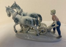 Vintage Gerold Porzellan Bavaria Farmer Plowing with Draft Horses Figurine Mint picture