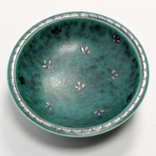 Gustavsberg Argenta Sweden Green Bowl Silver Flower Wilhelm Kage 9.8 cm picture