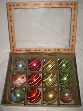 Vintage Glass Christmas Ornaments Bulbs Balls 12 Striped & Floral w/Box picture