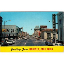 Greetings From Modesto CA 10th St Between J & I Streets Vintage Postcard SP9-8 picture