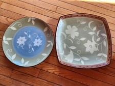 Pfaltzgraff Patio Garden Square & Round Platter Set Blue Green Floral HTF RARE picture
