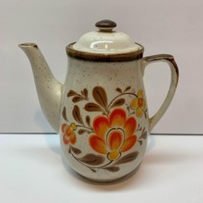 Vintage Brown Speckled Lidded Teapot Orange Floral picture
