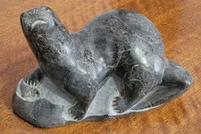 Original Inuit Soapstone Carving Of Otter On Rock With Fish Signed by Artist picture
