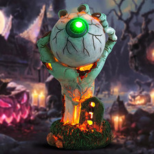 Halloween Lighted Eyeball in Hand Statue, Resin, Green/White/Orange picture