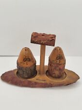 Vintage Handmade Wood & Bark Souvenir Salt & Pepper Shakers With Stand MISSOURI  picture