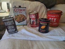 5 Vntg Tin Cans Crisco Oil/Rex Lard/Baking Powder/Tobacco/Cocoa picture
