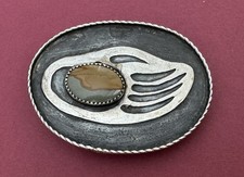 VTG Native Signed Sterling Silver Jasper Agate Cabochon Bear Claw Belt Buckle picture