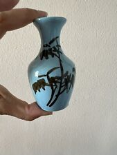 Small Blue Bud Vase Ceramic Hand Painted Bamboo Leaves Chinese Brush Stroke Styl picture