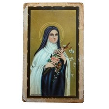 Vintage 1933 Saint Therese of Lisieux Wood Plaque Lithograph Religious Icon 4in picture