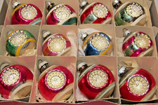 Lot VTG Glass Double Indent FLOWER Embossed BALL Christmas Ornaments Shiny Brite picture