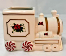 Avon 2015 Christmas Train Candy Dish Set Poinsettia Peppermint Wheels Boxed NM picture