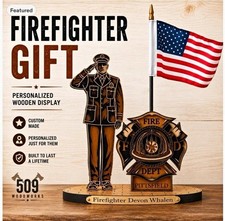 Personalized Wooden Firefighter Display w/ American Flag Pittsfield Fire Dept picture