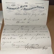 1893 Letter - National Bank of Bellows Falls VT bc of Hugh Henry Civil War LT picture