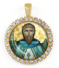 Handmade St Kevin of Glendalough Religious Medal Pendant - Gold Tone Rhinestones picture