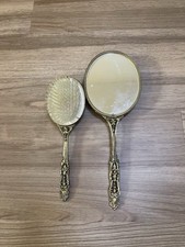Antique Floral Brass Mirror And Hairbrush Nice Jewel & Pattern Design Rare picture