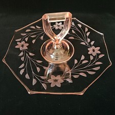Depression Glass Pink Octagonal Serving Plate Tray Center Handle Vintage 9.5