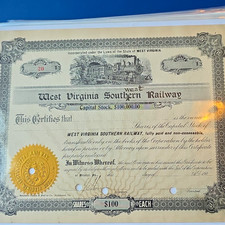 1902 West Virginia Southern Railway $100 Capital Stock Certificate picture