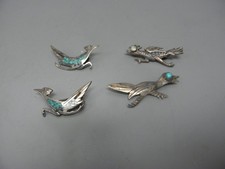 3 SMALL NATIVE AMERICAN SILVER & TURQUOIS ROAD RUNNER PINS + 1 UNKNOWN picture