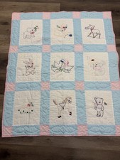 Vtg Hand Stitched Baby Blanket Hand Embroidered 9 Blocks Animals Unisex 42 X 36 picture