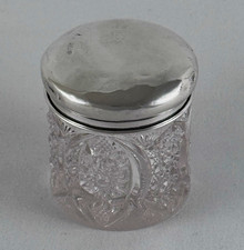Antique Pressed Glass Vanity Powder Jar with Sterling Lid Ornate Starburst Jar picture
