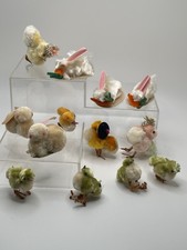 13 Lot Vintage Chenille Pom Pom Easter Chicks & Bunny Rabbits Wire Feet Hats picture