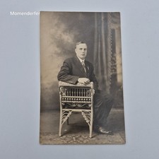 Antique RPPC Real Photo Postcard Man in Suit Ornate Wicker Chair AZO c1910s picture