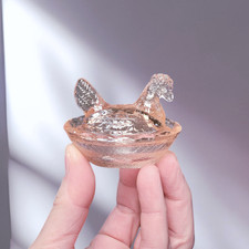 Hen on Nest Chicken Mini Salt Dish, Pink Depression Style Glass, Kitchen Decor picture