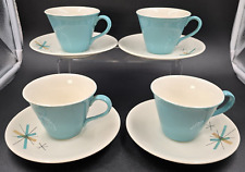 4 Salem North Star Hopscotch 1950s MCM Atomic Aqua Blue Coffee Cups Saucers VTG picture