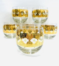 Vintage CULVER MCM Green 22k Gold Scroll Roly Poly Cocktail Glasses- Set Of 6 picture